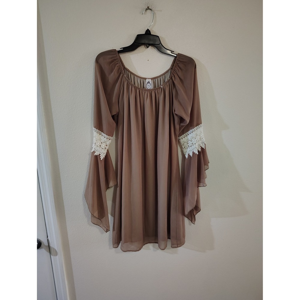 2B Together Brown Chiffon Bell Sleeve Lace Trim Tunic Dress XXL Boho Cottagecore